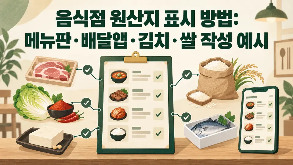음식점 원산지 표시 방법: 메뉴판·배달앱·김치·쌀 작성 예시